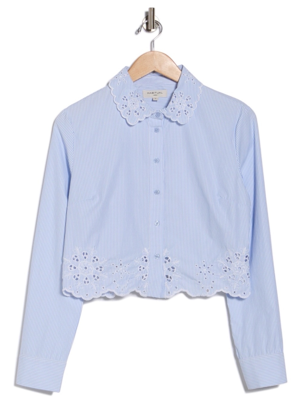 Habitual Light Blue Eyelet-Trim Cropped Button Down